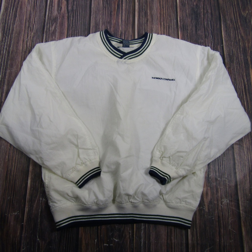 A.M. Player Windbreaker Pullover Mens Large White Nylon Golf V-Neck Ribbed Trim